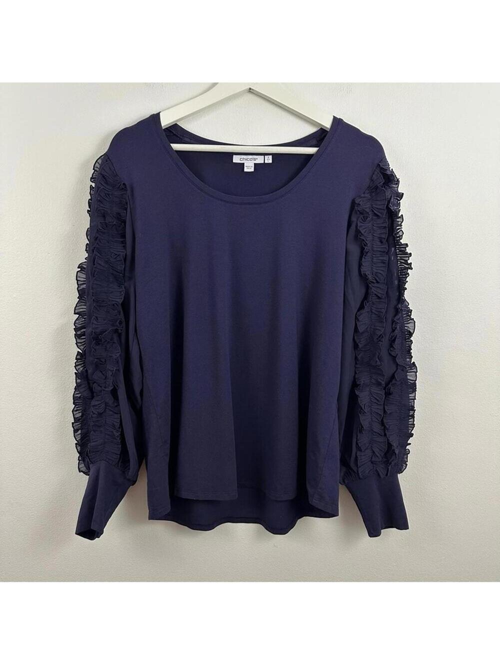 Chico's Chiffon Pleat Sleeve Top Women's Size 2 L